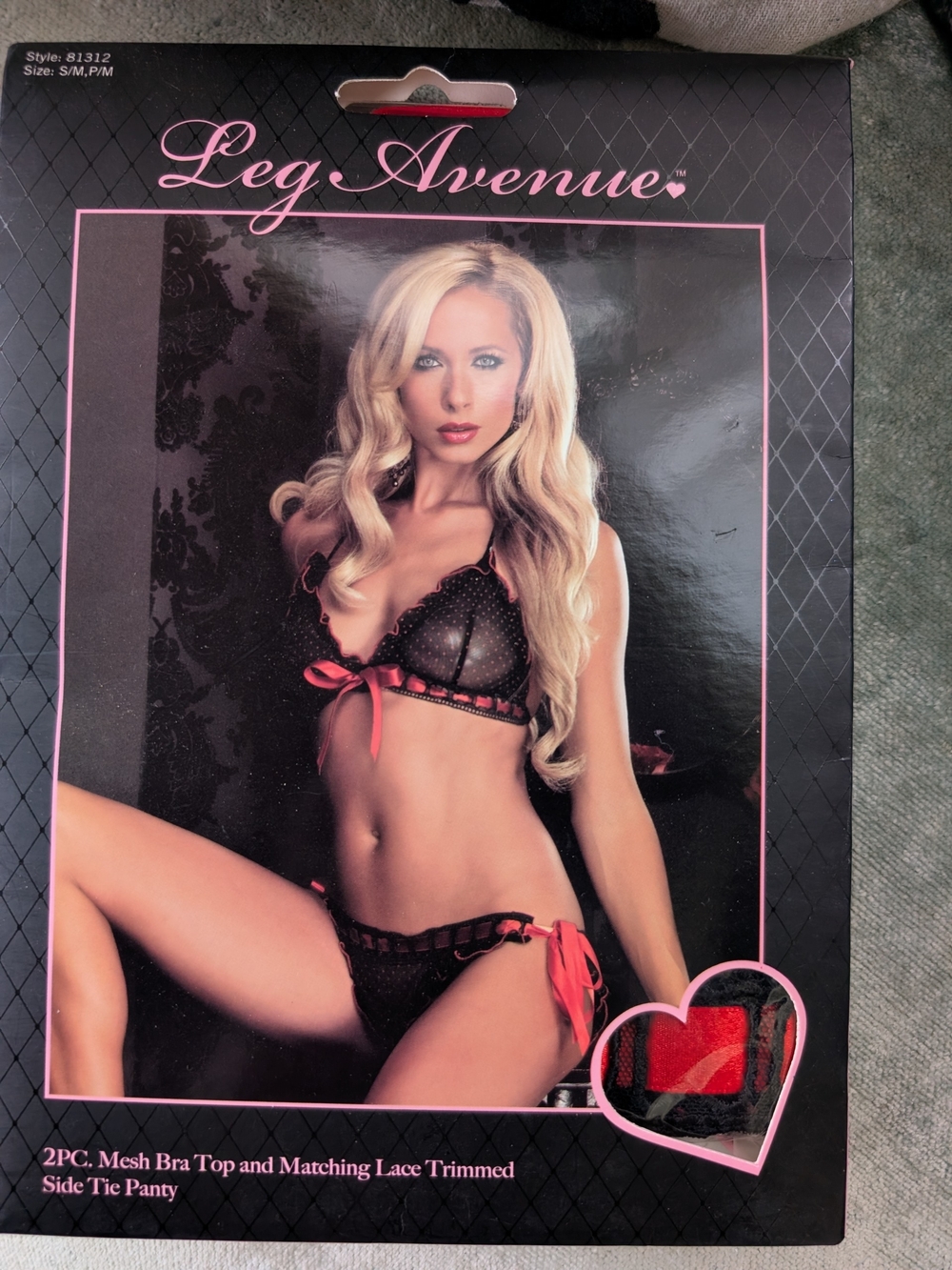 Leg Avenue Black Mesh Bra Top and Red-Trim Lace Side-Tie Panty